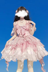 Robe Jsk Lolita Sweet Princesse Élégante avec Nœud Papillon Hanayome à Couches Multiples Rose